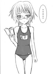 Rule 34 | ..., 00s, 1girl, :|, asahimaru, bad anatomy, blush, book, cameltoe, clenched hand, closed mouth, cowboy shot, expressionless, flat chest, glasses, greyscale, hand up, holding, holding book, looking at viewer, lowres, monochrome, nagato yuki, name tag, old school swimsuit, one-piece swimsuit, open book, poorly drawn, rimless eyewear, school swimsuit, short hair, simple background, sketch, solo, speech bubble, spoken ellipsis, standing, suzumiya haruhi no yuuutsu, swimsuit, thigh gap