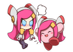 Rule 34 | 1boy, 1girl, absurdres, angry, blue eyes, blush, blush stickers, buttons, clenched hand, cosplay, crossdressing, curvy, disembodied hand, closed eyes, hair ornament, happy, headphones, highres, hood, kirby, kirby: planet robobot, kirby (series), long hair, long shirt, nintendo, no mouth, no nose, open mouth, pink hair, simple background, skirt, smile, susie (kirby), susie (kirby) (cosplay), white background, wig, wrist cuffs