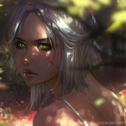 Rule 34 | 1girl, bra strap, ciri, green eyes, guweiz, lips, looking at viewer, parted lips, realistic, scar, short hair, silver hair, solo, the witcher (series), the witcher 3, upper body, watermark