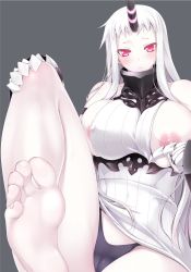 Rule 34 | 10s, 1girl, :&lt;, abyssal ship, areola slip, bare legs, bare shoulders, barefoot, black panties, blush, breasts, cameltoe, claws, closed mouth, collarbone, covered erect nipples, dress, feet, foot focus, gauntlets, glowing, grey background, highres, horns, kantai collection, large breasts, leg up, long hair, looking at viewer, nipple slip, nipples, pale skin, panties, red eyes, ribbed dress, ruton-niki, seaport princess, sidelocks, simple background, single horn, sitting, sleeveless, soles, solo, sweater, sweater dress, toenails, toes, underwear, white dress, white hair