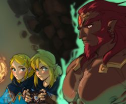 Rule 34 | 1girl, 2boys, blonde hair, dark-skinned male, dark skin, facial hair, fire, from side, ganondorf, girl staring at guy&#039;s chest (meme), hands up, holding, kukumomo, large pectorals, link, long hair, looking at another, male focus, meme, multiple boys, muscular, muscular male, nintendo, nipples, pectoral focus, pectorals, pointy ears, princess zelda, red hair, sheikah slate, short hair, the legend of zelda, the legend of zelda: breath of the wild, the legend of zelda: tears of the kingdom, upper body