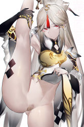 Rule 34 | 1girl, absurdres, armor, armpits, black gloves, breasts, chinese clothes, claw ring, detached sleeves, dress, elbow gloves, female pubic hair, flexible, genshin impact, gloves, hair ornament, highres, large breasts, leg up, long hair, looking at viewer, maebari, ningguang (genshin impact), pubic hair, pussy, red eyes, sidelocks, silver hair, simple background, solo, split, standing, standing on one leg, standing split, tape, tape on pussy, thighs, white background, yushe quetzalli