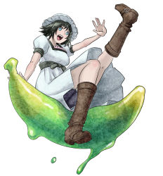 Rule 34 | 1girl, banana, black hair, blue eyes, boots, butcha-u, dress, food, fruit, gel banana, hat, leg up, looking away, on banana, open mouth, outstretched arm, outstretched hand, shiina mayuri, short hair, sitting, solo, steins;gate