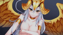 Rule 34 | 1girl, armlet, artist request, bare shoulders, black eyes, blush, breasts, choker, cleavage, colored sclera, covering privates, covering breasts, crown, fal (monster musume), feathered wings, feathers, game cg, large breasts, long hair, looking at viewer, monster musume no iru nichijou, monster musume no iru nichijou online, official art, pov, solo, white hair, wings, yellow feathers, yellow sclera, yellow wings
