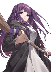 Rule 34 | 1girl, black coat, blunt bangs, breasts, coat, dress, fern (sousou no frieren), hair pulled back, highres, holding, holding staff, kouhiipan, large breasts, long hair, mage staff, purple eyes, purple hair, purple pupils, solo, sousou no frieren, staff, straight hair, white background, white dress