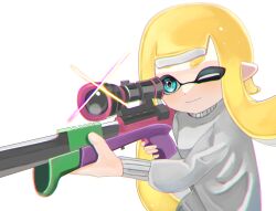 Rule 34 | 1girl, absurdres, blonde hair, blue eyes, closed mouth, commentary, glint, grey sweater, gun, highres, holding, holding gun, holding weapon, inkling, inkling girl, inkling player character, long hair, negi kobito, nintendo, one eye closed, pointy ears, scope, simple background, smile, solo, splat charger (splatoon), splatoon (series), sweater, symbol-only commentary, tentacle hair, thick eyebrows, upper body, weapon, white background