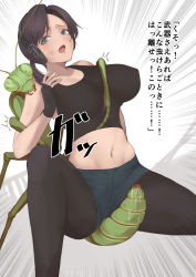 Rule 34 | 1girl, absurdres, bestiality, blue eyes, breasts, brown hair, bug, censored, covered erect nipples, defeat, grabbing, grabbing from behind, headset, highres, huge breasts, large breasts, low ponytail, micro shorts, midriff, mosaic censoring, navel, open mouth, original, pantyhose, praying mantis, ryu64, ryu insect, shorts, solo focus, tongue, translation request