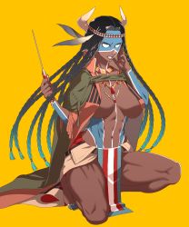 Rule 34 | 1girl, bad id, bad pixiv id, barefoot, black hair, blue eyes, bodypaint, braid, breasts, cleavage, clenched teeth, dark-skinned female, dark skin, fate/grand order, fate (series), genderswap, genderswap (mtf), geronimo (fate), geronimo (third ascension) (fate), headdress, highres, holding, holding weapon, jewelry, knife, large breasts, long hair, native american, native american headdress, navel, necklace, rokkotsu, simple background, solo, squatting, teeth, very long hair, weapon, yellow background