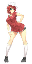 Rule 34 | 1girl, baseball cap, blue eyes, blush, breasts, clothes writing, contrapposto, full body, hair ornament, hairclip, hand on own hip, hat, highres, kneehighs, leaning forward, loafers, original, packge, red hair, shirt, shoes, short hair, shorts, simple background, smile, socks, solo, standing, t-shirt, tsurime, white background, white socks, wristband