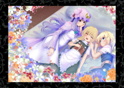 Rule 34 | 3girls, alice margatroid, apron, black dress, blonde hair, blue dress, blue eyes, book, capelet, cheek poking, coat, crescent, crescent hair ornament, dress, closed eyes, flower, grey eyes, hair ornament, hat, highres, kirisame marisa, long sleeves, lying, mob cap, multiple girls, on back, open clothes, open coat, open mouth, patchouli knowledge, poking, puffy short sleeves, puffy sleeves, purple hair, sash, shiina excel, short sleeves, touhou, waist apron, white dress, wide sleeves