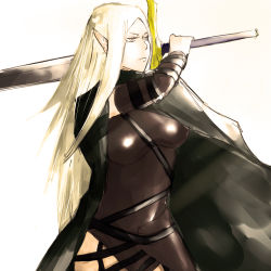Rule 34 | 1girl, amputee, blonde hair, breasts, claymore (series), claymore (sword), irene, jacksonso, large breasts, pointy ears, simple background, solo, sword, weapon