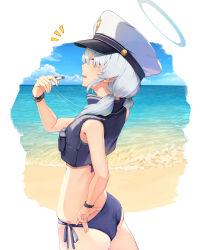 Rule 34 | 1girl, ass, beach, bikini, blue archive, blue bikini, blue halo, breasts, commentary, cowboy shot, flak jacket, from side, halo, hat, highres, holding, holding whistle, jacket, long hair, looking at viewer, looking to the side, ocean, official alternate costume, parted lips, peaked cap, petite, piisu, side-tie bikini bottom, small breasts, solo, swimsuit, twintails, valkyrie police academy student (blue archive), whistle, whistle around neck, white hair, white hat, yellow eyes