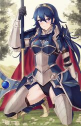 Rule 34 | 1girl, armor, axe, black leotard, blue cape, blue eyes, blue hair, breastplate, cape, closed mouth, commentary, doiparuni, english commentary, faulds, fire emblem, fire emblem awakening, fire emblem heroes, great knight (fire emblem awakening), highres, holding, holding axe, leotard, long hair, looking at viewer, lucina (fate&#039;s resolve) (fire emblem), lucina (fire emblem), nintendo, no pants, official alternate costume, outdoors, red cape, smile, solo, symbol in eye, tiara