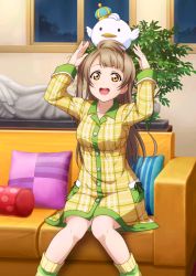Rule 34 | 1girl, artist request, bow, breasts, brown eyes, brown hair, collarbone, couch, crown, hair bow, indoors, long hair, looking at viewer, love live!, love live! school idol festival, love live! school idol project, minami kotori, mini crown, night, nightgown, object on head, official art, one side up, pillow, plant, ribbon, side ponytail, sitting, smile, socks, solo, stuffed animal, stuffed bird, stuffed toy, window