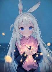 Rule 34 | 1girl, :o, animal ears, black jacket, blue eyes, blue sky, blush, commentary, english commentary, grey hair, hands up, jacket, long hair, long sleeves, looking at viewer, nami (nyaa), night, night sky, one side up, original, outdoors, parted lips, pink scarf, puffy long sleeves, puffy sleeves, rabbit ears, scarf, sky, sleeves past wrists, solo, star (symbol), upper body, very long hair, virtual youtuber