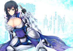 Rule 34 | &gt;:|, 1girl, :|, arm support, armor, armored dress, black gloves, black hair, blue hair, breasts, cleavage, closed mouth, covered navel, earrings, gloves, gluteal fold, holding, holding weapon, jewelry, large breasts, looking at viewer, pauldrons, reverse grip, sai (weapon), sangoku musou 1, shin sangoku musou, short hair, shoulder armor, skin tight, solo, tokonaru, v-shaped eyebrows, vambraces, wang yi, weapon