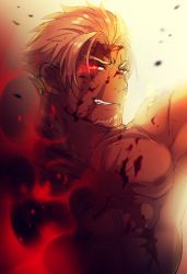 Rule 34 | 1boy, abs, bara, beowulf (fate), blonde hair, blood, cup, facial hair, fate/grand order, fate (series), glowing, glowing eye, goatee, looking at viewer, male focus, muscular, nipples, red eyes, scar, simple background, solo, tattoo, topless male, upper body, yamanome