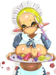 1girl alternate_costume apron blonde_hair blush breasts cleavage commentary_request covering_breasts covering_privates dark-skinned_female dark_skin domino_mask enmaided food frilled_apron frills fruit frye_(splatoon) highres large_breasts lemon looking_at_viewer maid maid_headdress mask midriff navel nintendo no_bra orange_eyes pentagon_(shape) pineapple pointy_ears purple_hair short_sleeves solo splatoon_(series) splatoon_3 t2ukmyjm tray upper_body watermelon watermelon_slice white_apron white_background