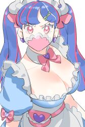 Rule 34 | 1girl, ahoge, alternate costume, alternate hairstyle, apron, blue dress, blue hair, bow, breasts, cleavage, covered mouth, curled horns, detached collar, dinosaur girl, dress, earrings, enmaided, hair bow, hair ornament, heart, heart earrings, horns, jewelry, large breasts, long hair, looking at viewer, maid, maid apron, maid headdress, mask, mouth mask, multicolored hair, one piece, pink bow, pink eyes, pink hair, pink mask, raine (acke2445), solo, streaked hair, twintails, ulti (one piece), waist apron, white apron, x hair ornament