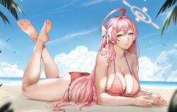 Rule 34 | 1girl, bare legs, barefoot, beach, bikini, blue archive, blue sky, breasts, cleavage, day, easonx, feet, feet up, green eyes, hair ornament, hairclip, halo, hanako (blue archive), hanako (swimsuit) (blue archive), large breasts, legs, long hair, looking at viewer, lying, ocean, on stomach, outdoors, palm tree, pink hair, sand, sky, soles, solo, swimsuit, the pose, toes, tree, water