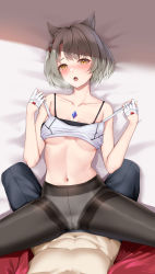 Rule 34 | 1boy, 1girl, :o, animal ear fluff, animal ears, bare shoulders, bed sheet, black pants, black pantyhose, blush, braid, breasts, camisole, camisole lift, cat ears, chest jewel, clothes lift, collarbone, crotch seam, fangs, fingerless gloves, from above, gloves, grey hair, heavy breathing, hetero, highres, kneeling, lifted by self, lying, matrix16, md5 mismatch, medium breasts, mio (xenoblade), missionary, navel, no pants, noah (xenoblade), on back, on bed, open clothes, open mouth, open shirt, panties, panties under pantyhose, pants, pantyhose, pulled by self, red shirt, resolution mismatch, shirt, short hair, solo focus, source smaller, spread legs, strap pull, thighband pantyhose, underboob, underwear, white gloves, white panties, xenoblade chronicles (series), xenoblade chronicles 3, yellow eyes