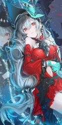 Rule 34 | 1girl, arknights, bare shoulders, blue gloves, blue headwear, breasts, clothing cutout, collarbone, commentary request, detached sleeves, dress, gloves, grey hair, hair between eyes, haruri, highres, long hair, long sleeves, lying, medium breasts, navel, navel cutout, night, night sky, on back, outdoors, own hands together, parted lips, red dress, red eyes, red sleeves, reflection, signature, skadi (arknights), skadi the corrupting heart (arknights), sky, solo, very long hair, wide sleeves