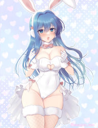 Rule 34 | 1girl, :d, alternate costume, animal ears, awayuki ramika, blue eyes, blue hair, blush, bow, bowtie, breasts, caeda (fire emblem), cleavage, cleavage cutout, clothing cutout, collarbone, covered navel, detached collar, fake animal ears, fire emblem, fire emblem: mystery of the emblem, fishnet thighhighs, fishnets, gloves, gluteal fold, groin, heart, heart background, heart cutout, highleg, highleg leotard, highres, large breasts, leotard, long hair, looking at viewer, nintendo, open mouth, pink bow, playboy bunny, rabbit ears, showgirl skirt, smile, solo, strapless, strapless leotard, thighhighs, twitter username, white gloves, white leotard, white thighhighs, wrist cuffs