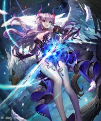 Rule 34 | 1girl, bird, breasts, choker, cleavage, dress, elbow gloves, gloves, highres, holding, horns, jewelry, long hair, looking at viewer, original, parted lips, pointy ears, purple eyes, purple hair, shingoku no valhalla gate, solo, sword, thighhighs, tob, weapon, white thighhighs, wings