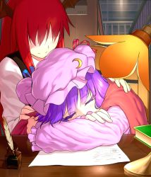 Rule 34 | 2girls, bat wings, blew andwhite, blush, book, bottle, colored eyelashes, covering with blanket, crescent, desk, eyebrows, eyelashes, closed eyes, female focus, hair over eyes, hat, hat ribbon, head wings, highres, ink, koakuma, lamp, long hair, multiple girls, no eyes, paper, patchouli knowledge, purple hair, quill, red hair, reflection, ribbon, sleeping, smile, tahoo, touhou, wings