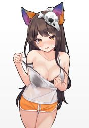Rule 34 | 1girl, absurdres, animal ears, bare arms, bare shoulders, black bra, bra, bra visible through clothes, breasts, brown hair, camisole, cleavage, collarbone, cowboy shot, dolphin shorts, drawstring, fang, fox ears, hair ornament, highres, kano (wi3028), large breasts, long hair, looking at viewer, open mouth, orange eyes, orange shorts, original, raised eyebrow, see-through, shirt, short shorts, shorts, simple background, skull hair ornament, sleeveless, sleeveless shirt, smile, solo, spaghetti strap, standing, strap pull, swimsuit, thigh gap, thighs, underwear, very long hair, white background, white shirt
