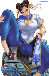 Rule 34 | 1girl, blush, bracelet, breasts, brown eyes, brown hair, cameltoe, capcom, chinese clothes, chun-li, cleavage, clothing cutout, covered erect nipples, curvy, darkereve, double bun, earrings, eyeshadow, female focus, gluteal fold, hair bun, highres, huge breasts, jewelry, leg lift, legs apart, makeup, matching hair/eyes, nail polish, short hair, sitting, solo, street fighter, street fighter 6, suitcase, thick thighs, thighs