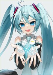 Rule 34 | 1girl, 39, absurdres, ahoge, aqua hair, aqua necktie, bare shoulders, black skirt, black sleeves, blouse, blue eyes, commentary, cupping hands, detached sleeves, foreshortening, glowing, grey background, hair ornament, hatsune miku, heart, heart ahoge, highres, holding, light particles, long hair, looking at viewer, necktie, open mouth, own hands together, pleated skirt, reirou (chokoonnpu), shirt, shoulder tattoo, skirt, sleeveless, sleeveless shirt, smile, solo, tattoo, twintails, upper body, very long hair, vocaloid
