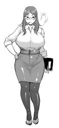 Rule 34 | 1girl, bad id, bad pixiv id, breasts, clipboard, collared shirt, curvy, facing viewer, full body, glasses, greyscale, hand on own hip, highres, huge breasts, light smile, long hair, miniskirt, monochrome, original, pantyhose, parted bangs, pencil skirt, shirt, simple background, skirt, solo, standing, synecdoche, teacher, white background, wide hips