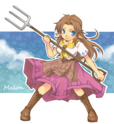 Rule 34 | 1girl, apron, blue eyes, boots, brown hair, character name, cross-laced footwear, holding, holding pitchfork, knee boots, lace-up boots, long hair, long skirt, malon, neckerchief, nintendo, pitchfork, pointy ears, skirt, solo, the legend of zelda, the legend of zelda: ocarina of time, yellow neckerchief, yoya torisan