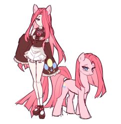 Rule 34 | 1girl, aluslikefafa, animal, animal ears, apron, balloon print, bare shoulders, black shirt, blue eyes, bow, brown footwear, closed mouth, collared shirt, commentary, cutie mark, detached sleeves, footwear bow, frilled sleeves, frills, hair over one eye, highres, horse ears, horse tail, long hair, long sleeves, long tail, my little pony, my little pony: friendship is magic, pegasus, personification, pink hair, pinkie pie, pony (animal), print sleeves, shirt, simple background, socks, solo, symbol-only commentary, tail, very long hair, white apron, white background, white socks, wide sleeves