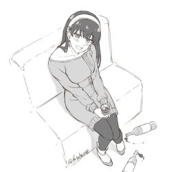 Rule 34 | 1girl, blush, boots, bottle, breasts, couch, cup, drinking, drinking glass, drunk, earrings, from above, full body, fuusuke (fusuke208), greyscale, hairband, highres, holding, holding cup, jewelry, jitome, knees together feet apart, long hair, long sleeves, looking at viewer, looking up, medium breasts, monochrome, off-shoulder sweater, off shoulder, open mouth, pantyhose, simple background, sitting, smile, solo, spill, spy x family, sweater, twitter username, white background, wine bottle, wine glass, yor briar