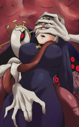 Rule 34 | 1girl, blonde hair, covered erect nipples, cross, cross necklace, double (skullgirls), dual persona, female masturbation, fingering, fingering from behind, fingering through clothes, habit, hands on own face, highres, jewelry, masturbation, miso dengaku (donadonaton), monster girl, necklace, nun, open mouth, red eyes, skullgirls, solo, through clothes