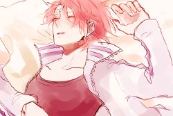 Rule 34 | 1boy, closed eyes, koby (one piece), lying, mako1124, male focus, on back, one piece, parted lips, pink hair, sleeping, solo