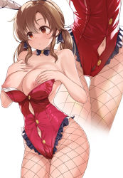 Rule 34 | 1girl, animal ears, black bow, black bowtie, blush, bow, bowtie, breasts, breasts out, brown eyes, brown hair, cleavage, closed mouth, clothing cutout, cowboy shot, detached collar, fake animal ears, female pubic hair, fishnet pantyhose, fishnets, gluteal fold, highres, idolmaster, idolmaster cinderella girls, large breasts, leotard, leotard pull, long hair, mk (mod0), navel, navel cutout, nipples, pantyhose, playboy bunny, pubic hair, pubic hair peek, rabbit ears, red leotard, strapless, strapless leotard, thighs, totoki airi, twintails, white background