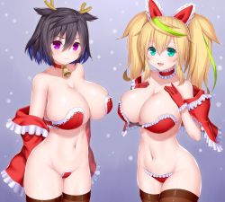 Rule 34 | 2girls, antlers, aqua eyes, asamura hiori, bell, black hair, blonde hair, breasts, brown legwear, capelet, choker, christmas, cleavage, closed mouth, cowboy shot, fang, gene (pso2), gloves, green hair, hair flaps, highres, horns, horshid (pso2), large breasts, long hair, looking at viewer, maebari, multicolored hair, multiple girls, navel, neck bell, open mouth, phantasy star, phantasy star online 2, purple eyes, red capelet, red gloves, red neckwear, revealing clothes, short hair, smile, standing, streaked hair, thighhighs, thighs, twintails, two-tone hair
