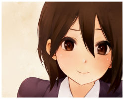 Rule 34 | 10s, 1girl, beige background, black hair, blouse, blush, brown eyes, close-up, collared shirt, hair between eyes, inaba himeko, kokoro connect, light smile, looking at viewer, portrait, school uniform, shirt, short hair, simple background, smile, solo, treetree, white shirt
