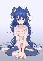 Rule 34 | 1girl, absurdres, barefoot, blue eyes, blue hair, gradient background, highres, long hair, looking at viewer, open mouth, pochi colo, short sleeves, sitting, touhou, very long hair, yorigami shion