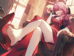 Rule 34 | 1girl, absurdres, armchair, aru (blue archive), aru (dress) (blue archive), blue archive, chair, crossed legs, daxieshen huashi, dress, feet, highres, light blush, long hair, parted lips, pink eyes, pink hair, shoe dangle, sitting, smile, soles, toes