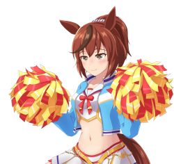 Rule 34 | alternate costume, alternate hairstyle, animal ears, blush, brown eyes, cheerleader, commentary request, groin, highres, horse ears, horse girl, horse tail, jacket, midriff, navel, nice nature (run&amp;win) (umamusume), nice nature (umamusume), pom pom (cheerleading), red hair, shiodanx, smile, sweat, tail, umamusume, white background