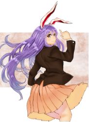 Rule 34 | 1girl, animal ears, commentary request, cropped legs, finger gun, highres, jacket, long hair, natsushiro, purple eyes, purple hair, rabbit ears, reisen udongein inaba, simple background, skirt, solo, suit jacket, touhou, very long hair