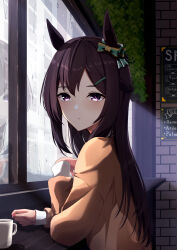 Rule 34 | 1girl, absurdres, animal ears, ashiminoe, bow, brown hair, commentary request, cup, ear bow, hair ornament, hairclip, highres, horse ears, horse girl, indoors, long hair, long sleeves, looking to the side, mejiro dober (umamusume), mixed-language commentary, purple eyes, rain, reflection, sitting, solo, sweater, umamusume, upper body, water drop, yellow sweater