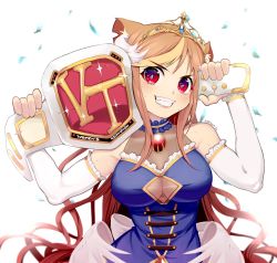 Rule 34 | 1girl, animal ear fluff, animal ears, belt, blue dress, breasts, championship belt, commentary, detached sleeves, dress, english commentary, eudetenis, fang, halterneck, hazumi aileen, highres, holding, holding belt, indie virtual youtuber, lion ears, lion girl, low wings, medium breasts, red eyes, second-party source, shirt, smile, solo, v-shaped eyebrows, virtual youtuber, white background, white shirt, wings