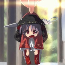 Rule 34 | 1girl, animated, animated gif, annoyed, barefoot, bowl, floral print, forbidden scrollery, forest, frown, hakurei reimu, hanging, hat, hime cut, holding, japanese clothes, kimono, long sleeves, looking at viewer, lowres, md5 mismatch, mini person, minigirl, nature, needle, obi, open mouth, purple hair, red eyes, sash, shaded face, shaking, short hair, solo, spinning, sukuna shinmyoumaru, syope, touhou, tree, ugoira, wide sleeves