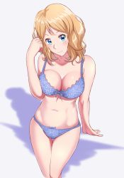 Rule 34 | 1girl, arm support, blonde hair, blue bra, blue panties, blush, bow, bow bra, bow panties, bra, breasts, cleavage, creatures (company), game freak, head tilt, highres, large breasts, looking at viewer, navel, niaru (r2pi), nintendo, panties, pokemon, pokemon (anime), pokemon xy (anime), serena (pokemon), short hair, smile, solo, thigh gap, thighs, underwear, white background