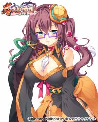 Rule 34 | belt, bibyo, blush, breasts, brown hair, china dress, chinese clothes, collar, company name, dress, fishnet pantyhose, fishnets, glasses, hair ornament, koihime musou, large breasts, leaning forward, long hair, official art, pantyhose, purple-framed eyewear, shin koihime musou, smile, solo, standing, watermark